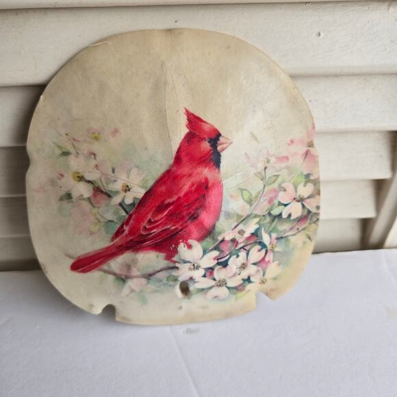 Vintage Hand Painted Sand Dollar Red Cardinal On Dogwood Blossoms 4 X 5 inches - Picture 8 of 8